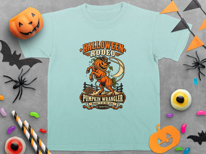 Light blue t-shirt with "Halloween Rodeo Pumpkin Wrangler" graphic.
