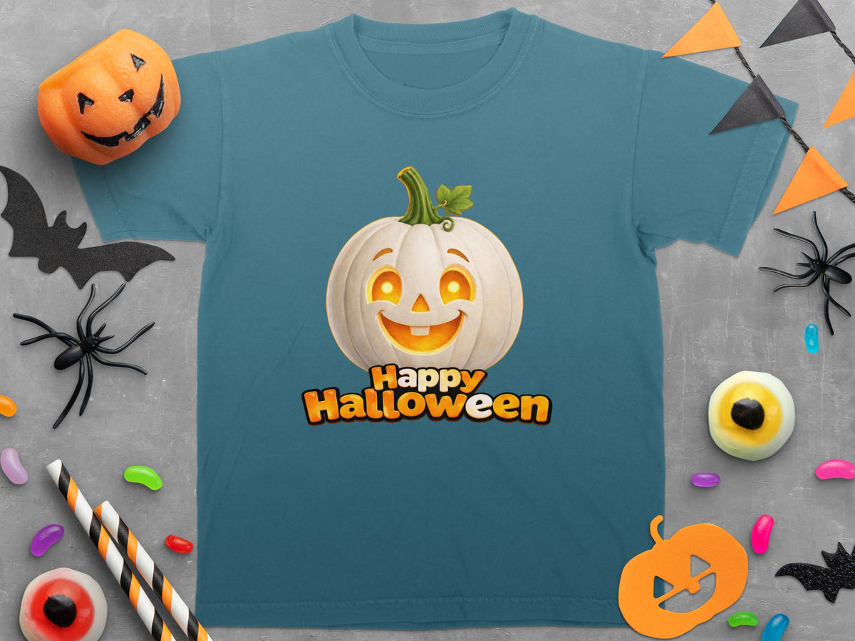 Teal t-shirt with a white jack-o-lantern and "Happy Halloween" text.