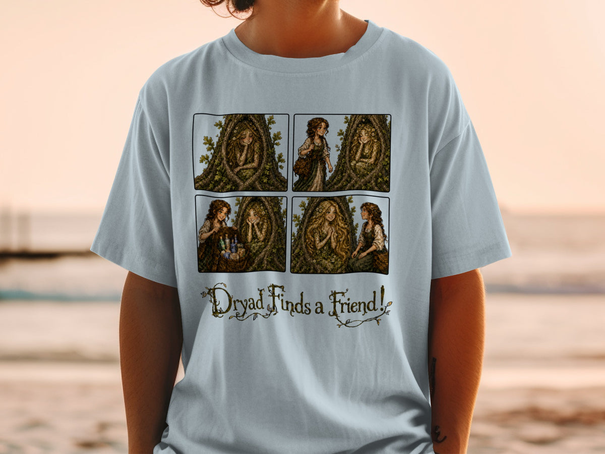 Four-panel comic depicting a dryad and her friend with the text "Dryad Finds a Friend!"