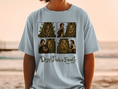 Four-panel comic depicting a dryad and her friend with the text "Dryad Finds a Friend!"