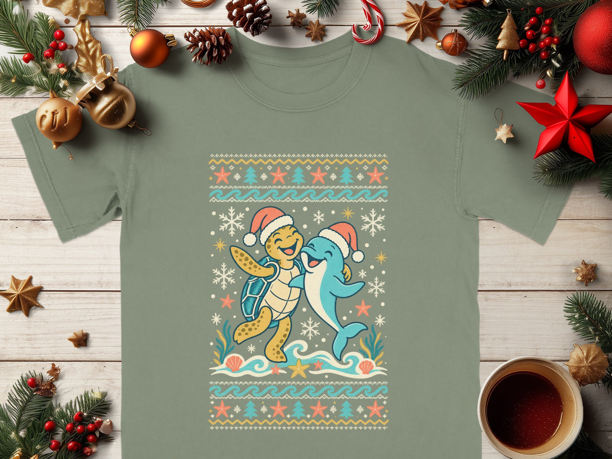 Green t-shirt with cartoon turtle and dolphin wearing Santa hats.