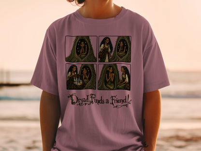 T-shirt graphic: four-panel comic of a dryad in a tree, titled "Dryad Finds a Friend!".