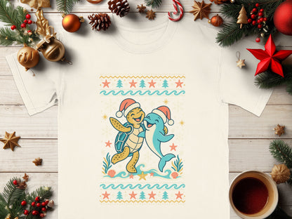 A smiling turtle and dolphin in Santa hats hug, with a nautical Christmas border.