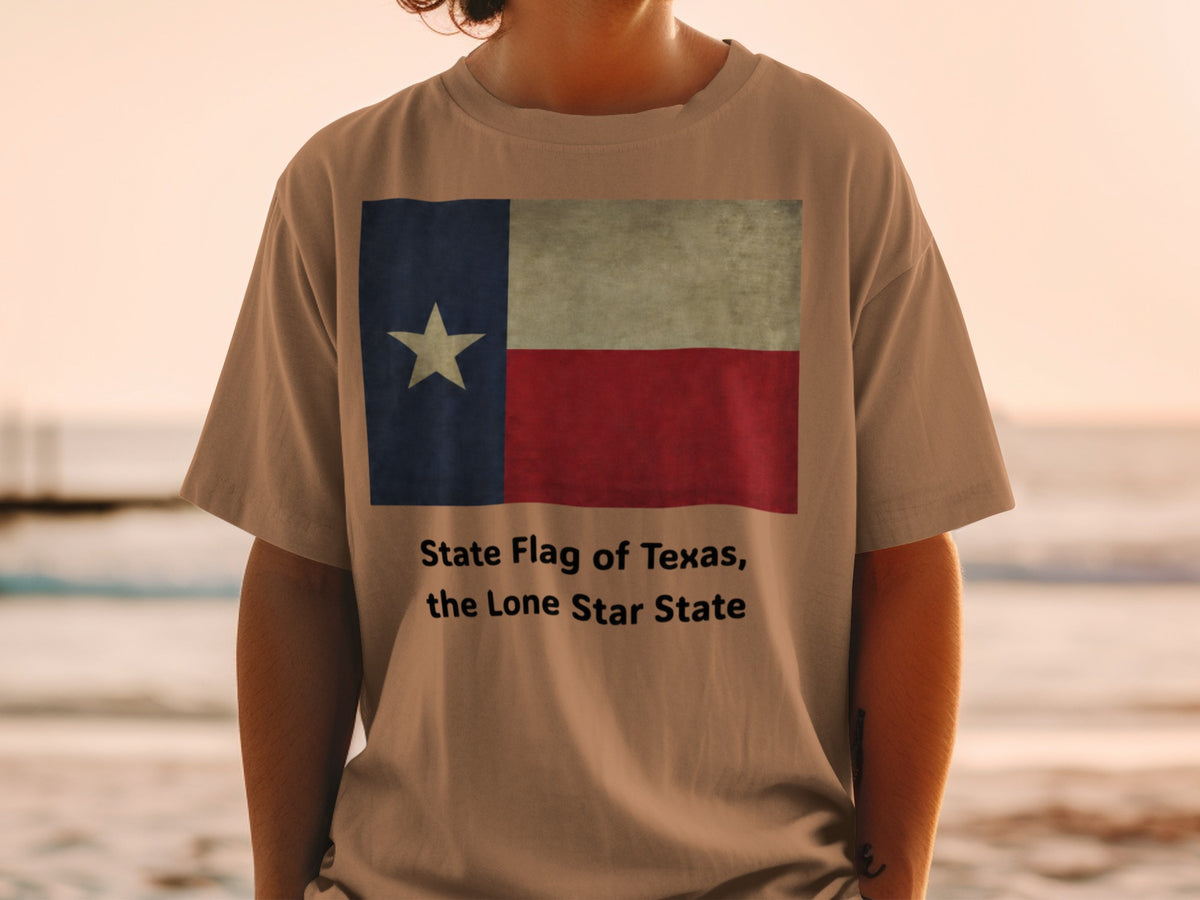 T-shirt with Texas flag graphic and text "State Flag of Texas, the Lone Star State".