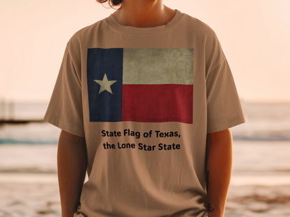 T-shirt with Texas flag graphic and text "State Flag of Texas, the Lone Star State".