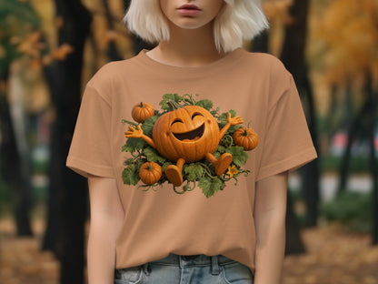 T-shirt with a smiling cartoon pumpkin and smaller pumpkins on vines.