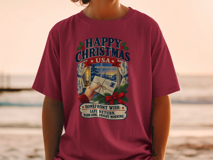Maroon t-shirt with "Happy Christmas USA" and homefront wish text.