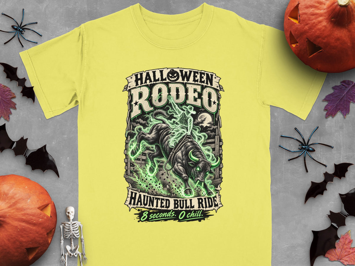 Yellow t-shirt with Halloween Rodeo Haunted Bull Ride graphic and spooky decorations.