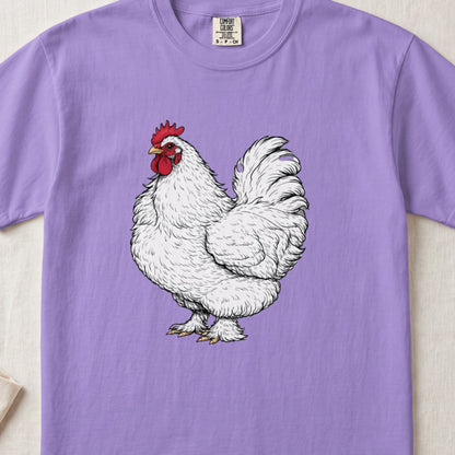 Light purple t-shirt featuring a detailed illustration of a white rooster on the front.