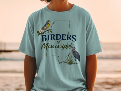 T-shirt with "Birders of Mississippi" text, a yellow bird, and a heron.