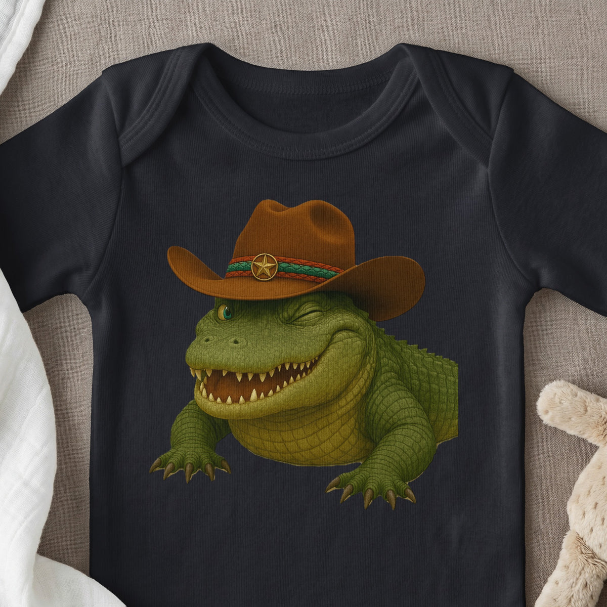 Green alligator wearing a brown cowboy hat with a star emblem, winking.