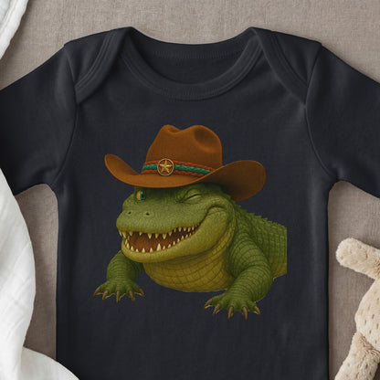 Green alligator wearing a brown cowboy hat with a star emblem, winking.