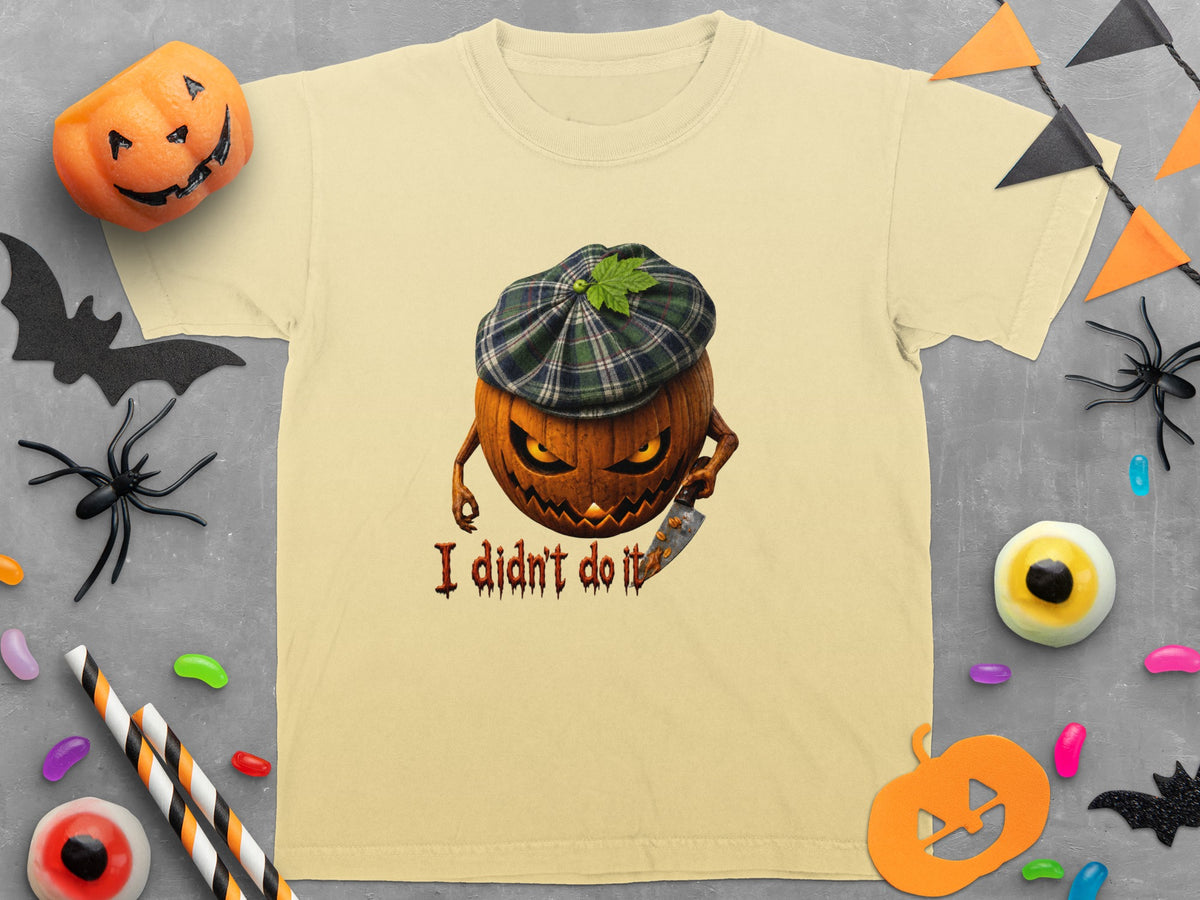 T-shirt with a spooky jack-o'-lantern wearing a tartan hat holding a knife, text says "I didn't do it".