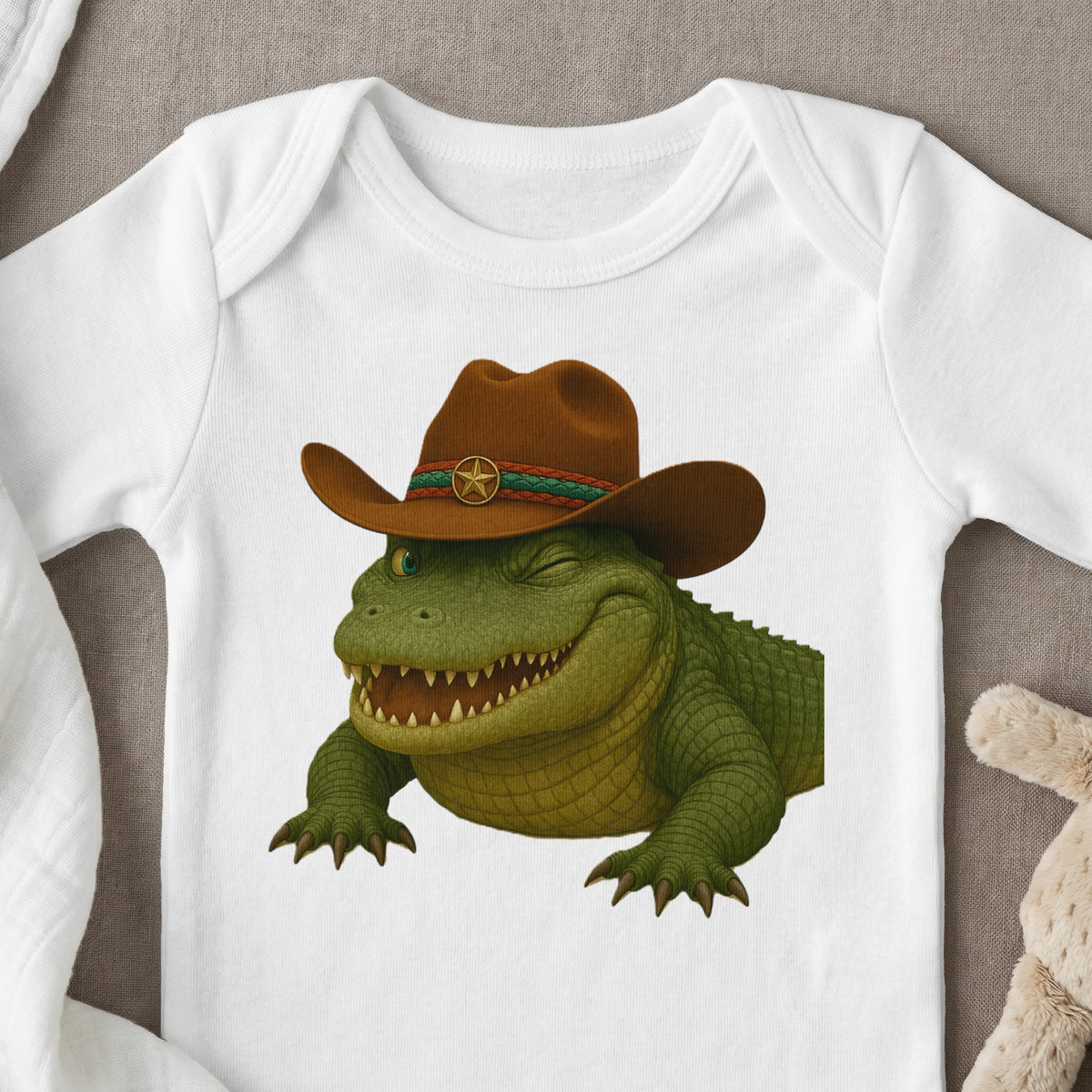 White baby onesie with a cartoon alligator wearing a cowboy hat.