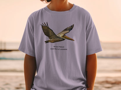 T-shirt with brown pelican graphic, text "Brown Pelican State Bird of Louisiana".