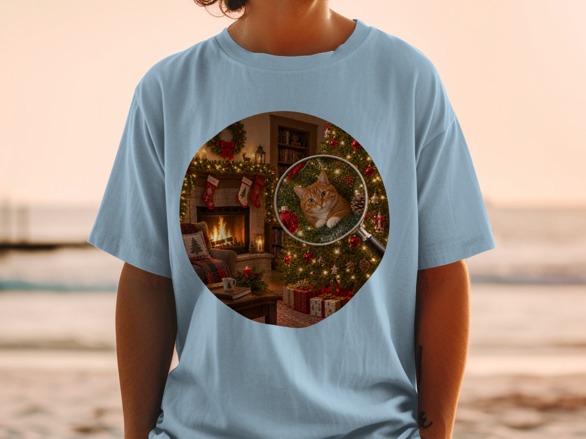 Magnifying glass over a ginger cat in a Christmas tree, by a fireplace.