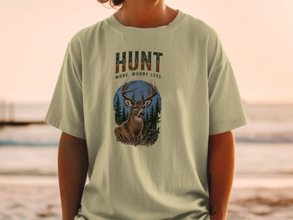 T-shirt with "HUNT MORE, WORRY LESS" text and a deer illustration.