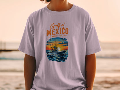 T-shirt graphic: "Gulf of Mexico Salt Water Good Times" with fishing boat at sunset