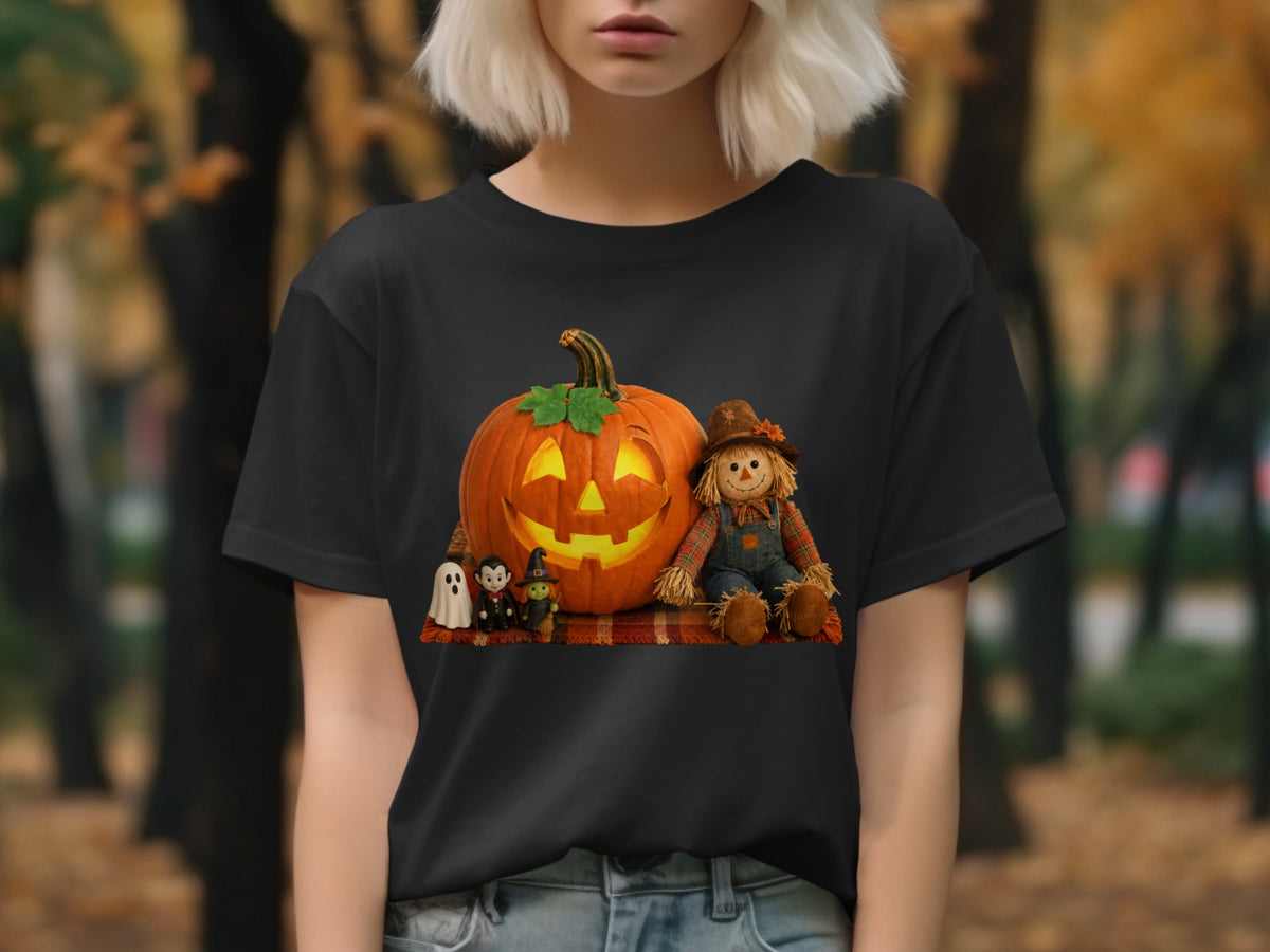 Black t-shirt with jack-o'-lantern, scarecrow, witch, and ghost graphic.