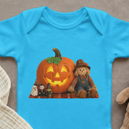 Blue baby onesie with Halloween graphic: pumpkin, scarecrow, vampire, witch, ghost.