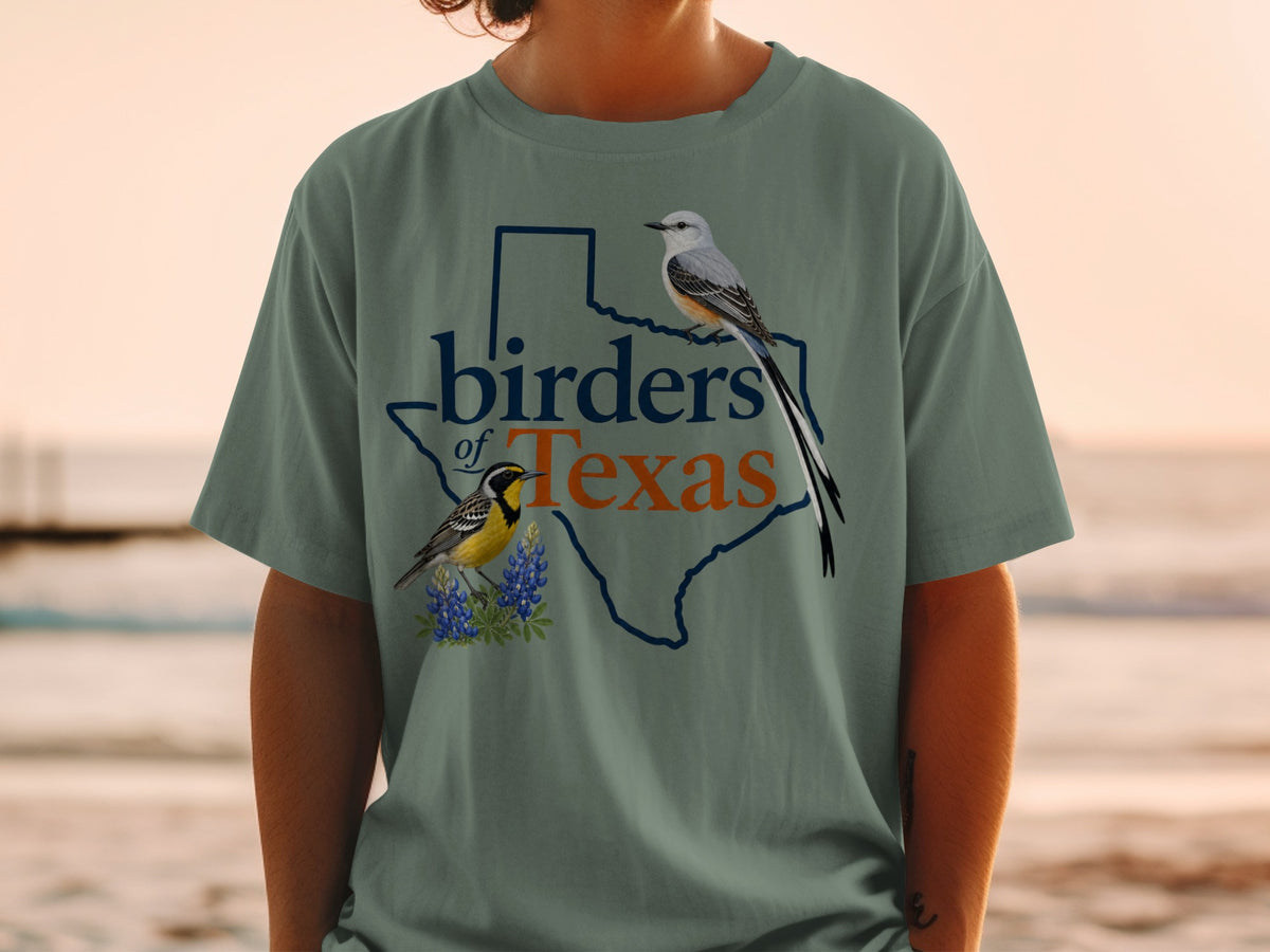 Texas map graphic with two birds and text "birders of Texas."