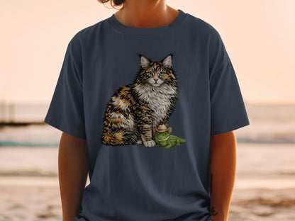 A dark blue t-shirt featuring an illustration of a fluffy calico cat sitting beside a small alligator wearing a cowboy hat.