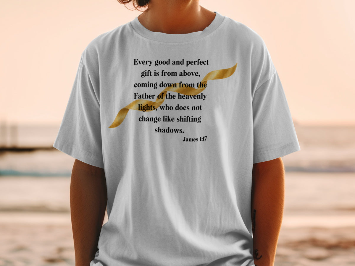 White t-shirt with James 1:17 scripture and a golden ribbon graphic.