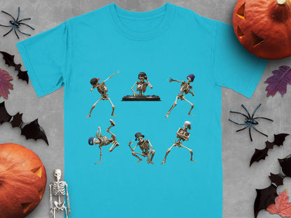 Teal t-shirt with five dancing skeletons in various hip-hop poses.