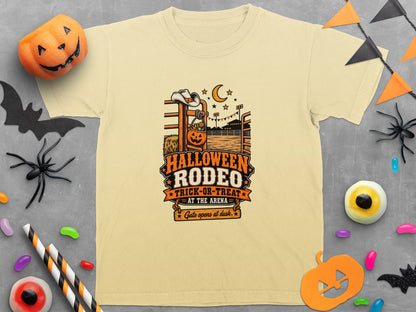 Light yellow t-shirt with Halloween Rodeo Trick-or-Treat graphic and moon.