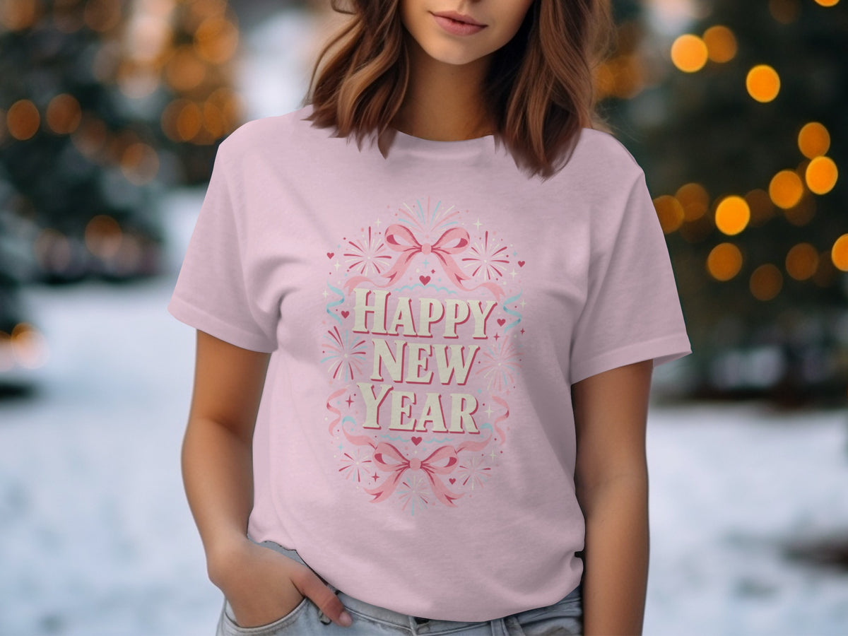 Pink t-shirt with "Happy New Year" text and festive graphics.