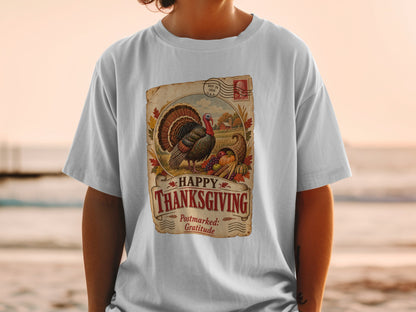 Thanksgiving graphic with turkey, cornucopia, and text "Happy Thanksgiving Postmarked: Gratitude".