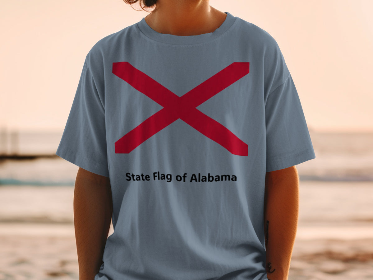 T-shirt with Alabama state flag design and text "State Flag of Alabama".