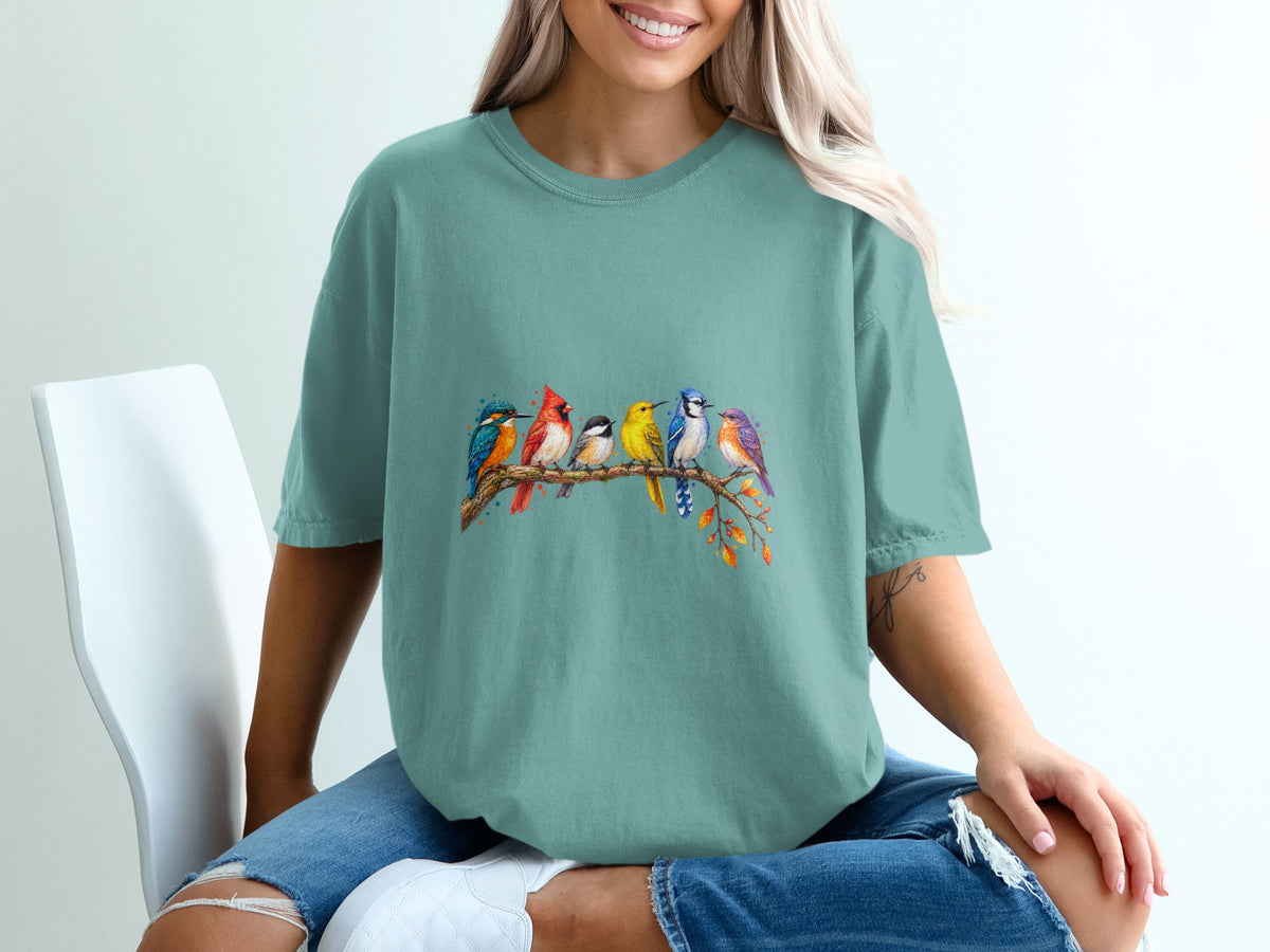 A watercolor-style illustration of six colorful birds perched on a tree branch.