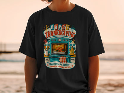 Happy Thanksgiving graphic with a turkey in an oven and retro text.