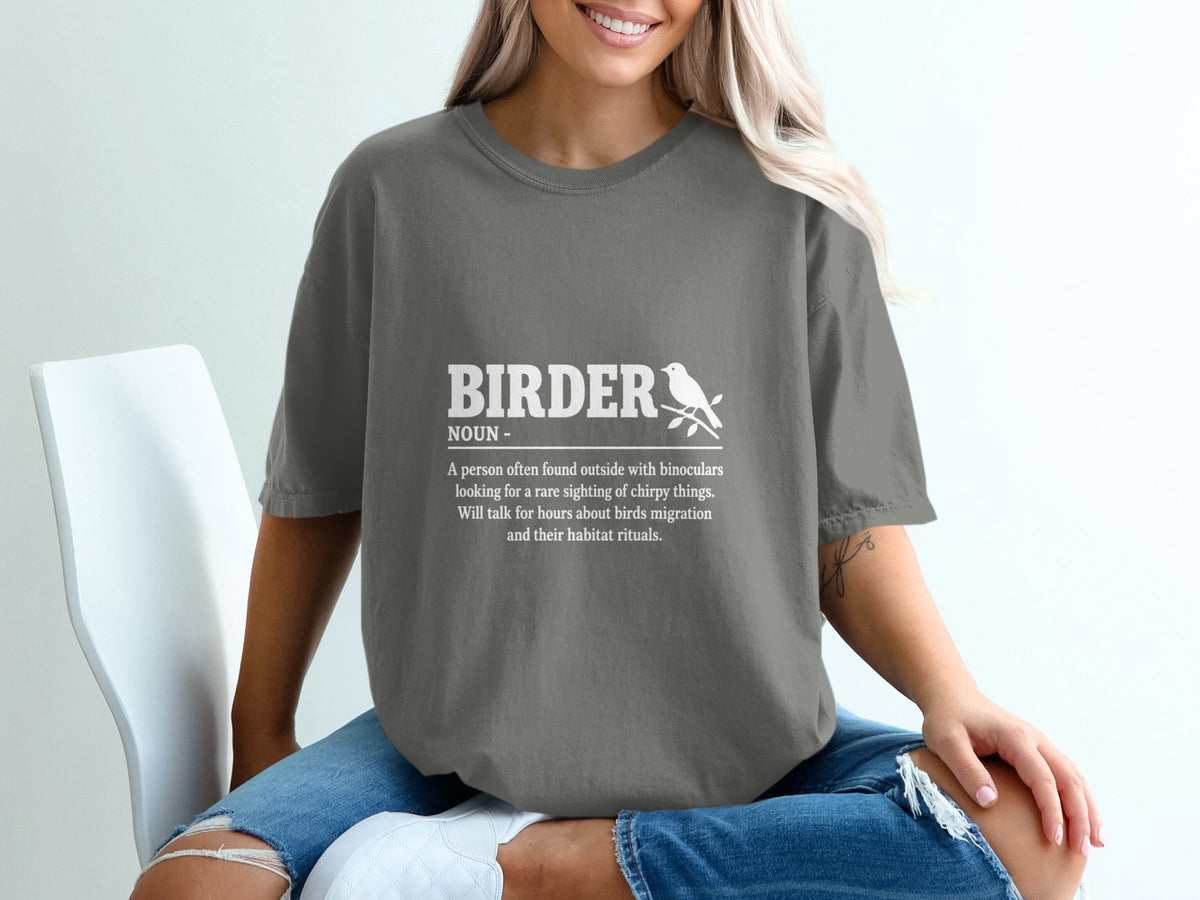 Gray t-shirt with "Birder" definition, bird graphic, and white text.