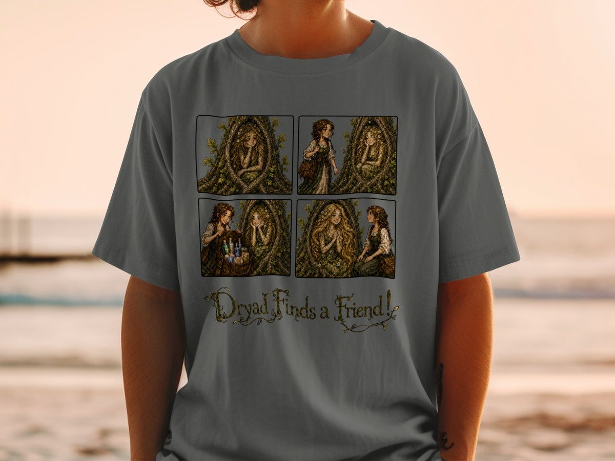 Four-panel comic on a t-shirt shows a dryad in a tree and a girl interacting, with text "Dryad Finds a Friend!"