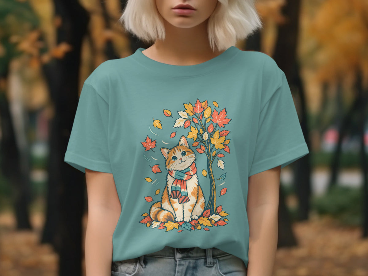 Cat wearing scarf sitting in autumn leaves under a tree on a teal t-shirt.