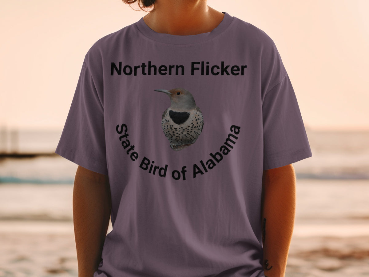 T-shirt with Northern Flicker, State Bird of Alabama graphic.
