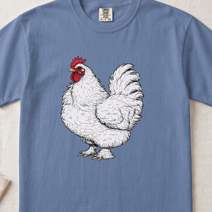 Blue crewneck t-shirt featuring a detailed vintage-style illustration of a white rooster on the chest.