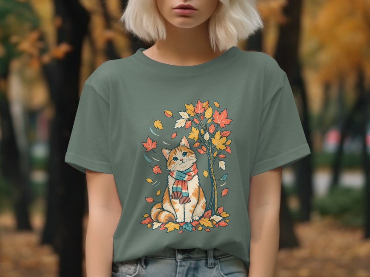 T-shirt with orange tabby cat wearing a scarf among autumn leaves.