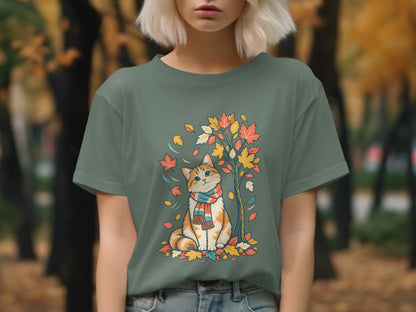 T-shirt with orange tabby cat wearing a scarf among autumn leaves.