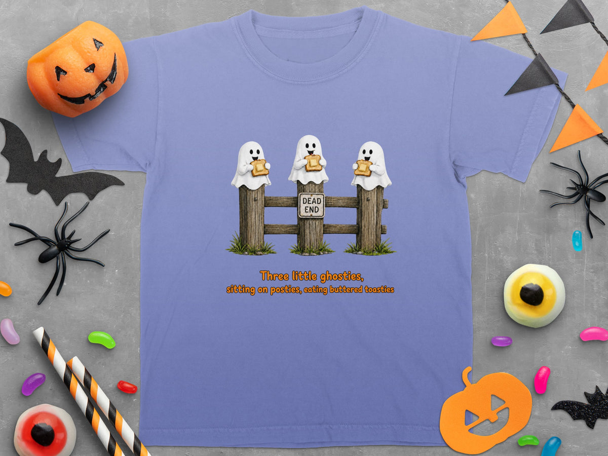 Three ghosts sit on a fence eating toast, with "Dead End" sign.