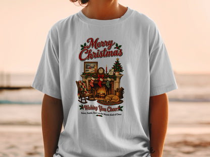 Merry Christmas graphic with fireplace, tree, rocking chair, and sleeping dog.