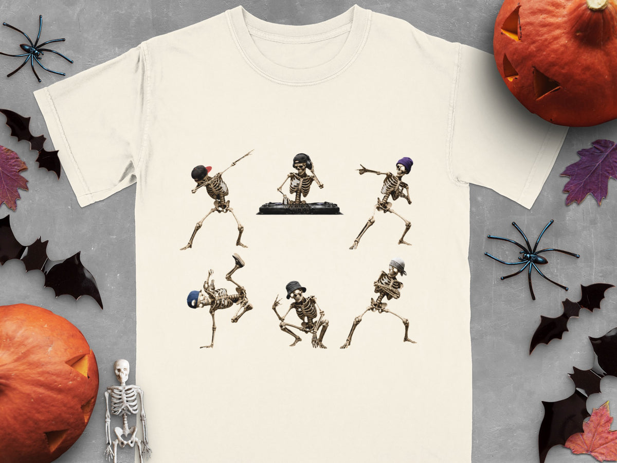 Six skeletons in various dancing poses with hats and a DJ setup.