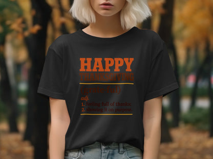 Black t-shirt with "Happy Thanksgiving" and definition of "grateful".