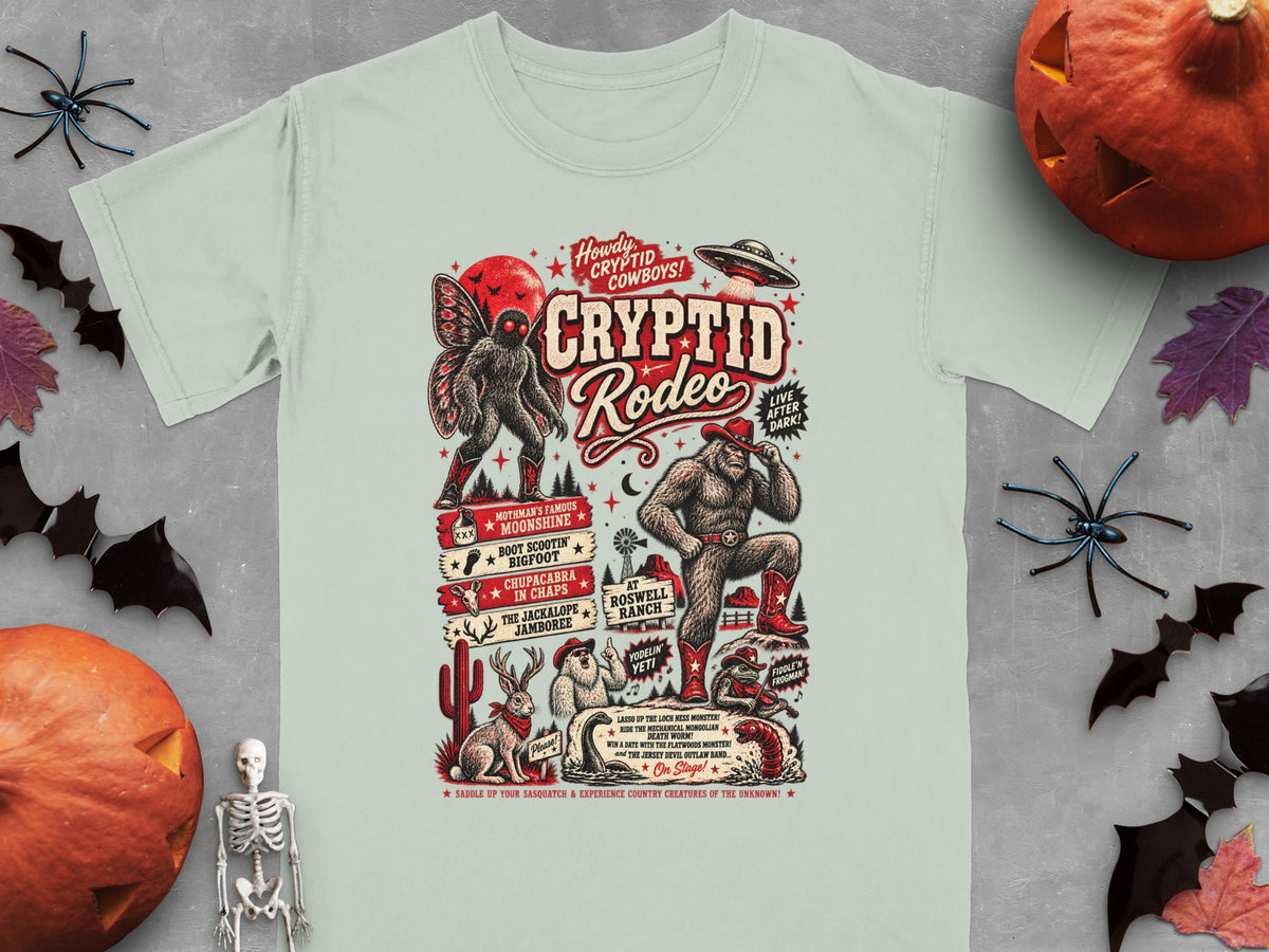 Cryptid Rodeo t-shirt graphic with Mothman, Bigfoot, Jackalope, and UFO.