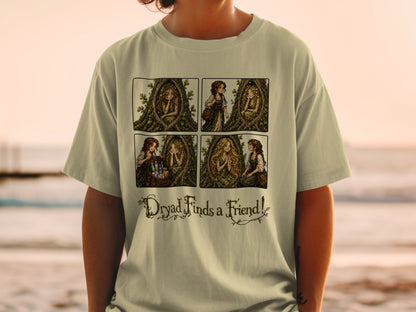 Comic strip showing a dryad and a friend, with text "Dryad Finds a Friend!".
