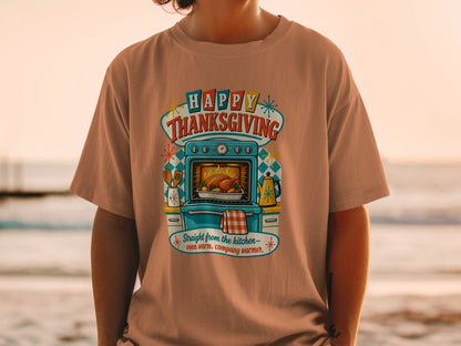 Happy Thanksgiving graphic with roasted turkey in oven and kitchenware.