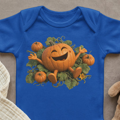 Blue baby bodysuit with a smiling jack-o'-lantern surrounded by pumpkins and leaves.
