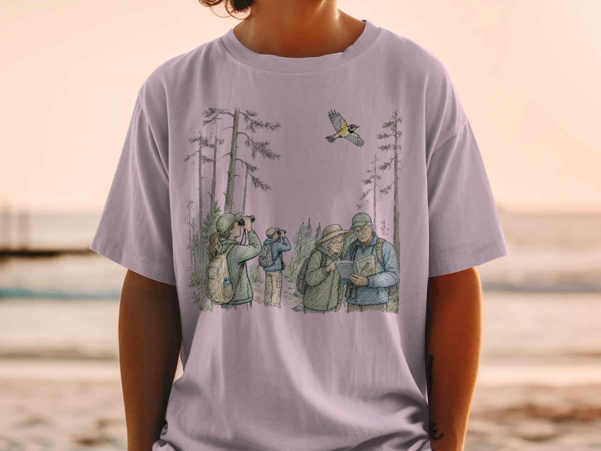 Illustration of birdwatchers in a forest with a bird flying overhead.